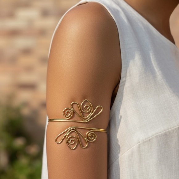 Boho Egyptian Curves Adjustable Arm Bangle – Gold Metal Alloy - Picture 4 of 11